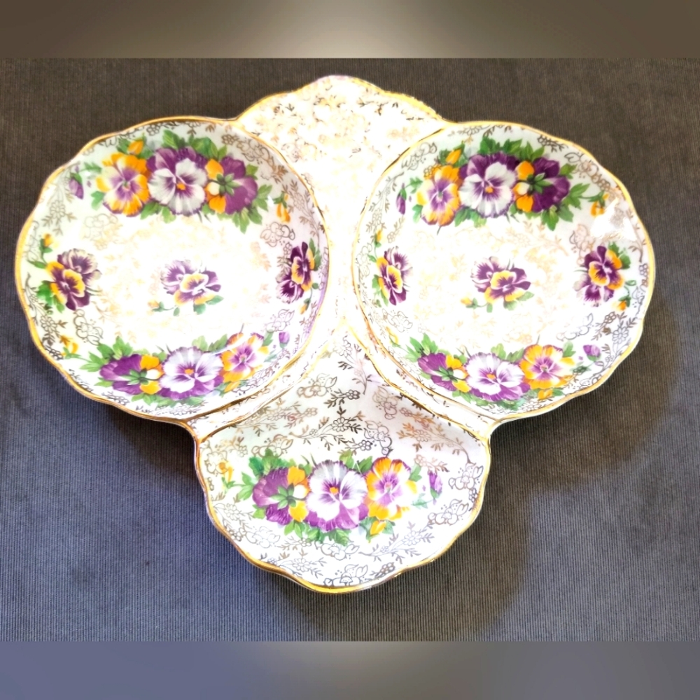 Vintage James Kent Ltd, 3 Part English Porclain Relish Dish, Pansy design